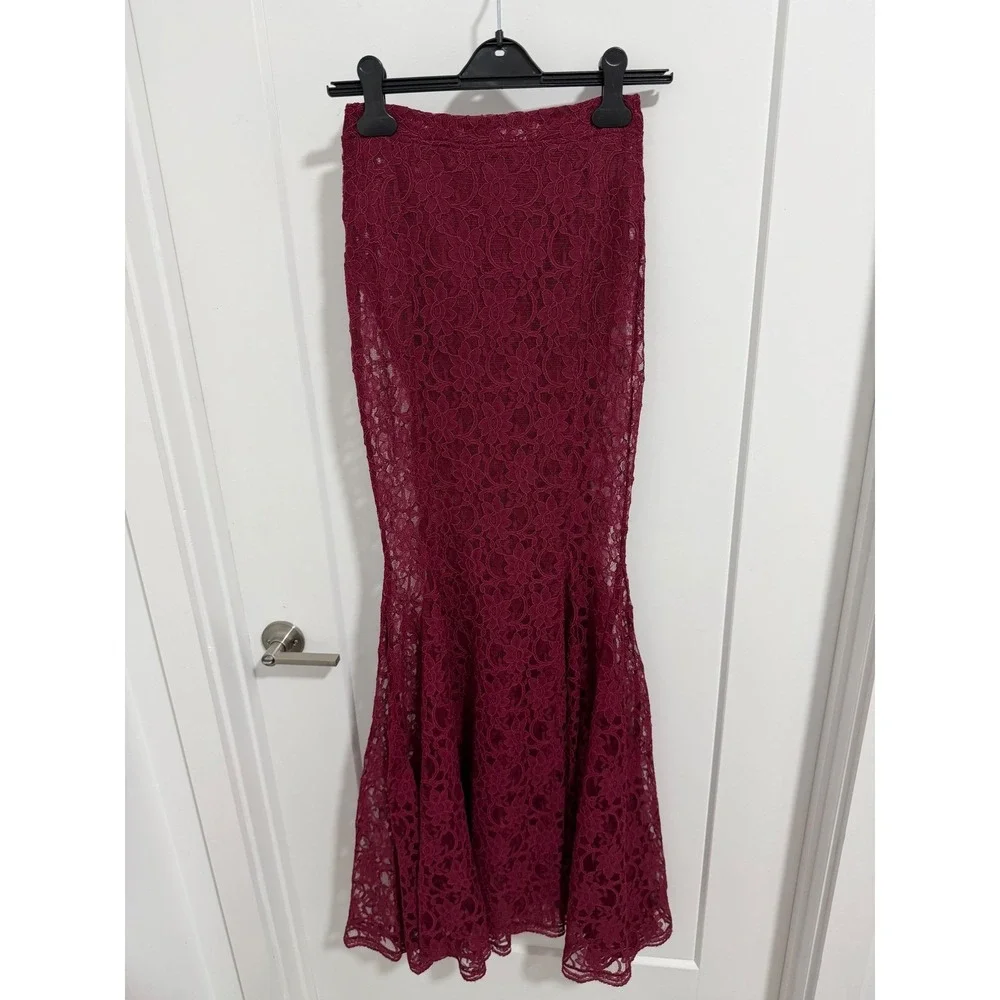 Anamaria Couture Burgundy Floral Lace 2 Piece Mermaid Maxi Skirt Set Size P S